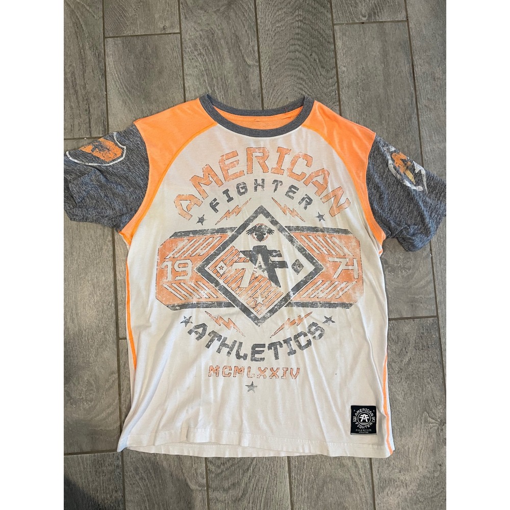 American‎ Fighter Mens Athletics Training Division Tee Orange Grey White Medium